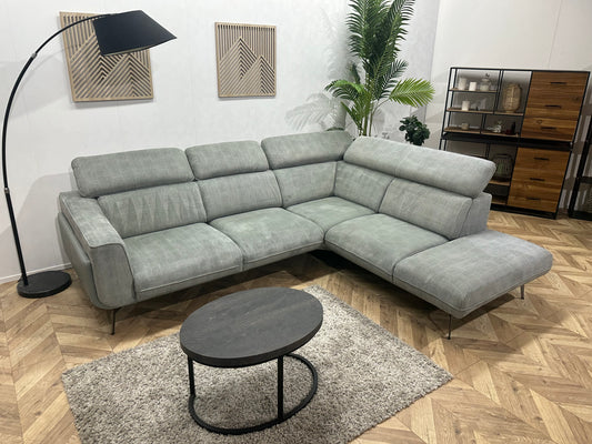 Xooon Licht Grijze/Blauwe Ribstof Hoekbank ~ Verstelbare Hoofdsteunen