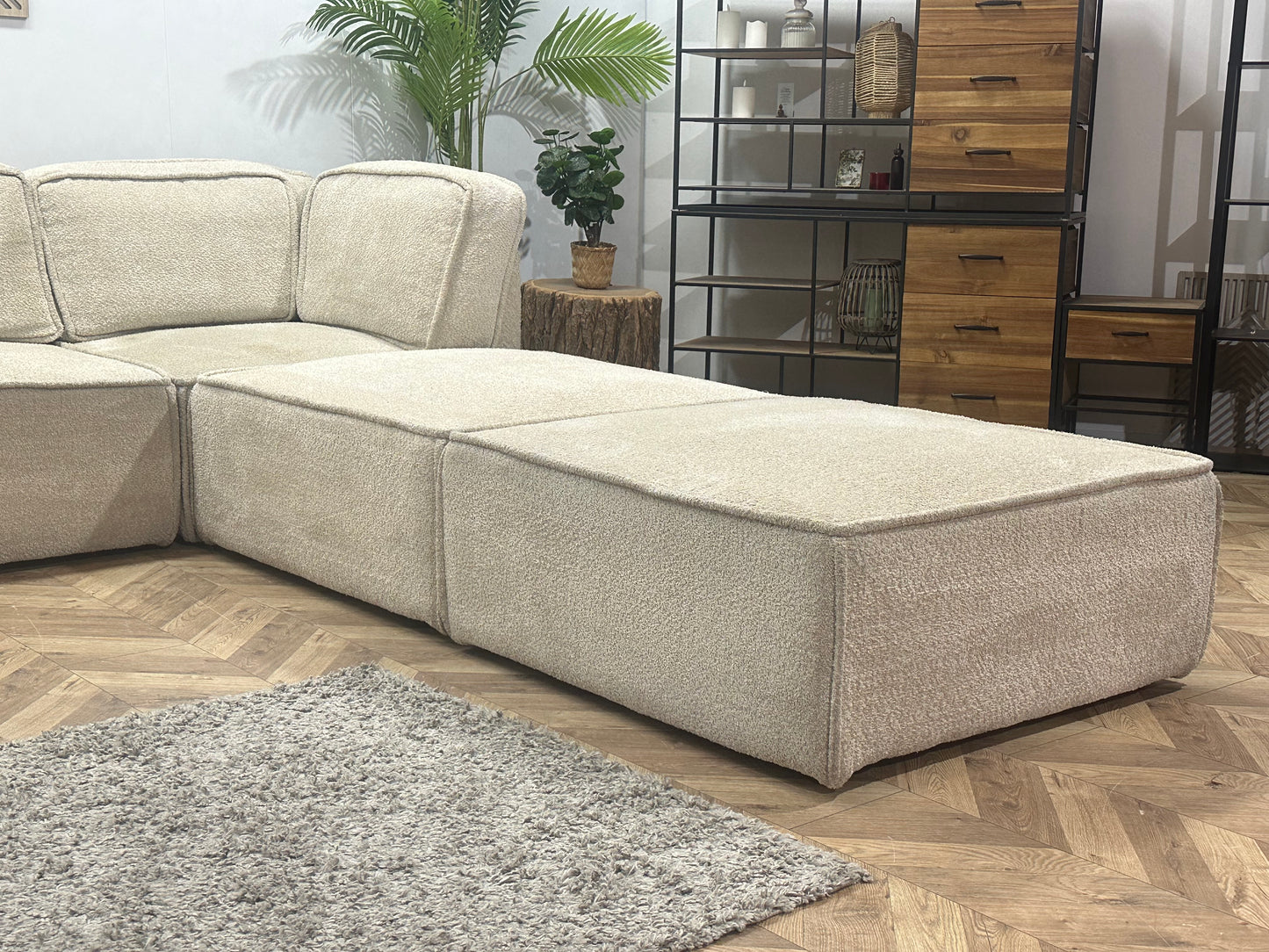 Crème Modulaire Bouclé Stoffen U Bank ~ Losse Rugkussens Met Afneembare Hoezen
