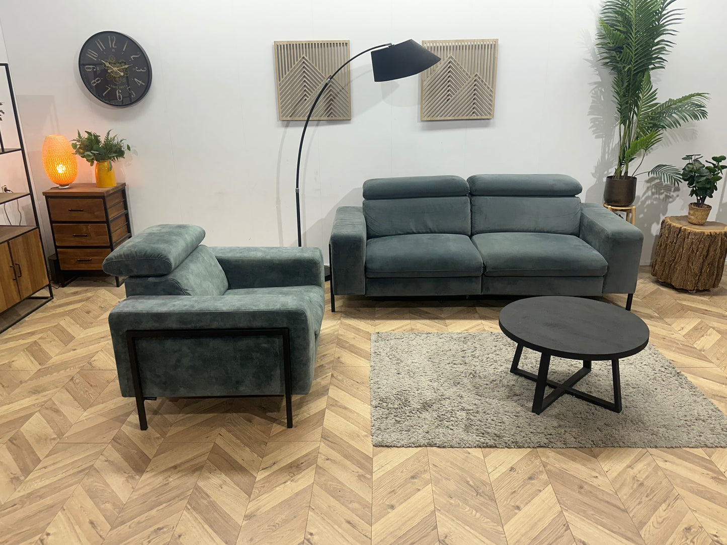 Feelings Blauw/Grijze Velvet 2,5-Zits Bank Inc Groen/Grijze Velvet Fauteuil ~ Verstelbare Hoofdsteunen