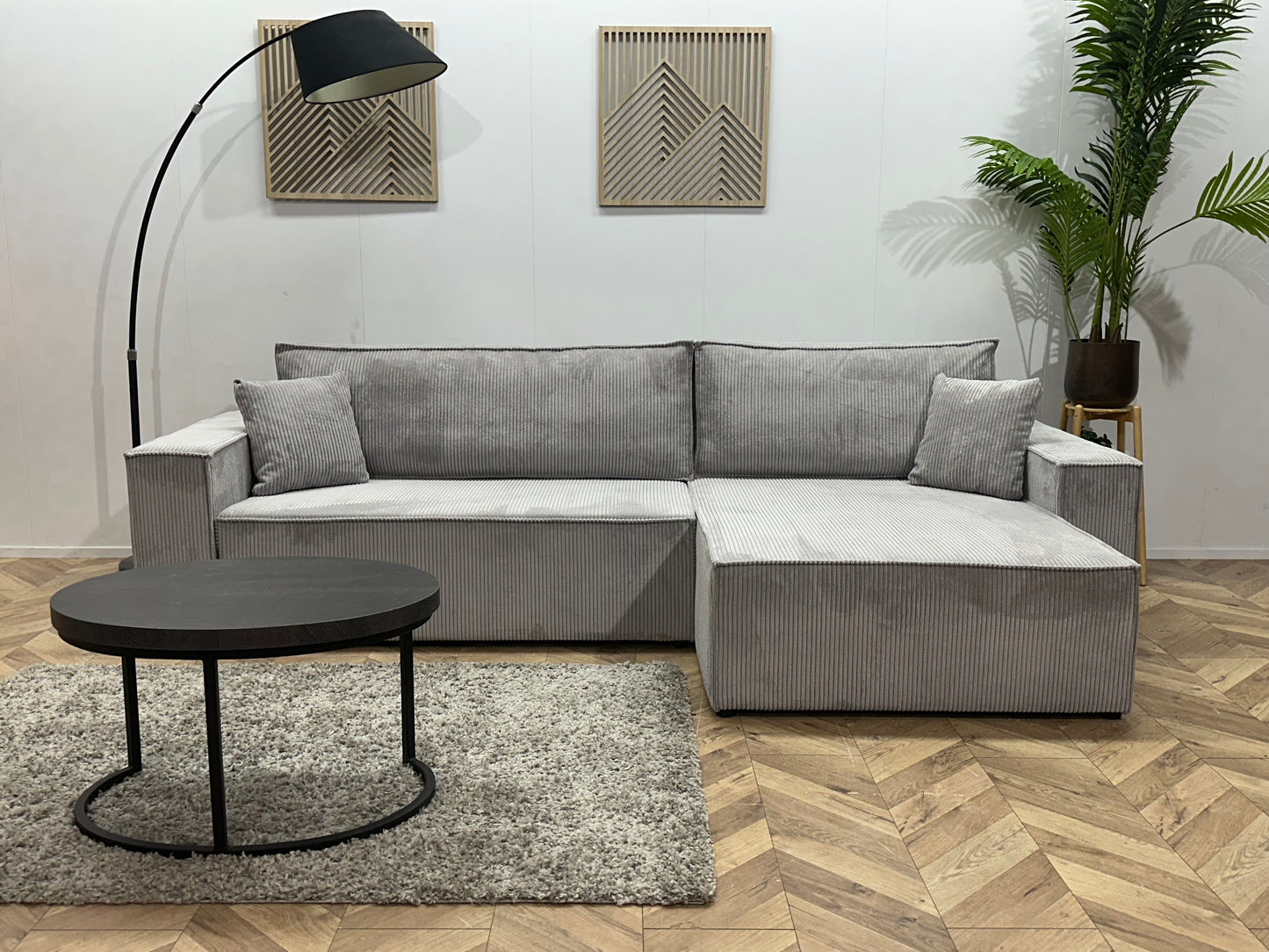 !Showroommodel! Licht Grijze Ribstof Hoekbank