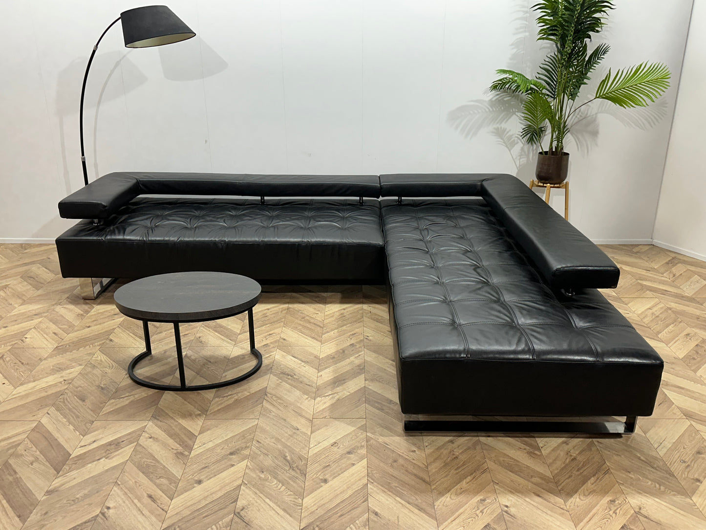 Montèl Zwart Echt Lederen Design Hoekbank ~ Vaste Kussens
