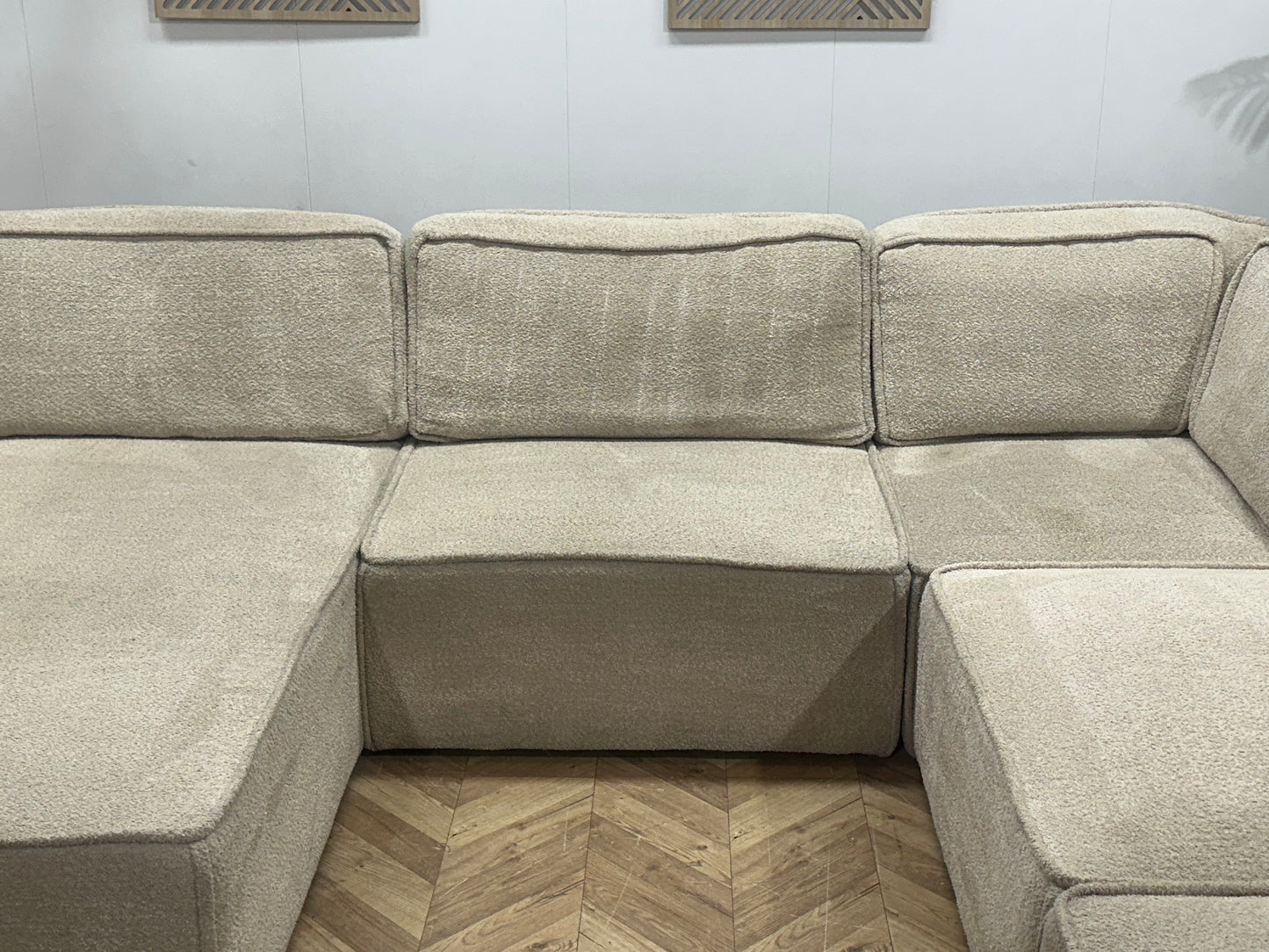Crème Modulaire Bouclé Stoffen U Bank ~ Losse Rugkussens Met Afneembare Hoezen