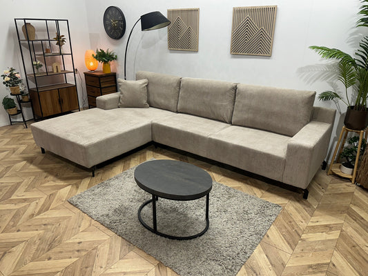 !Showroommodel! Licht Bruine Ribstof Hoekbank