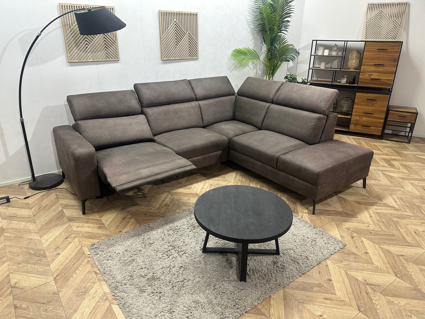 H&H Bruine Suède Stoffen Hoekbank ~ Relaxfunctie