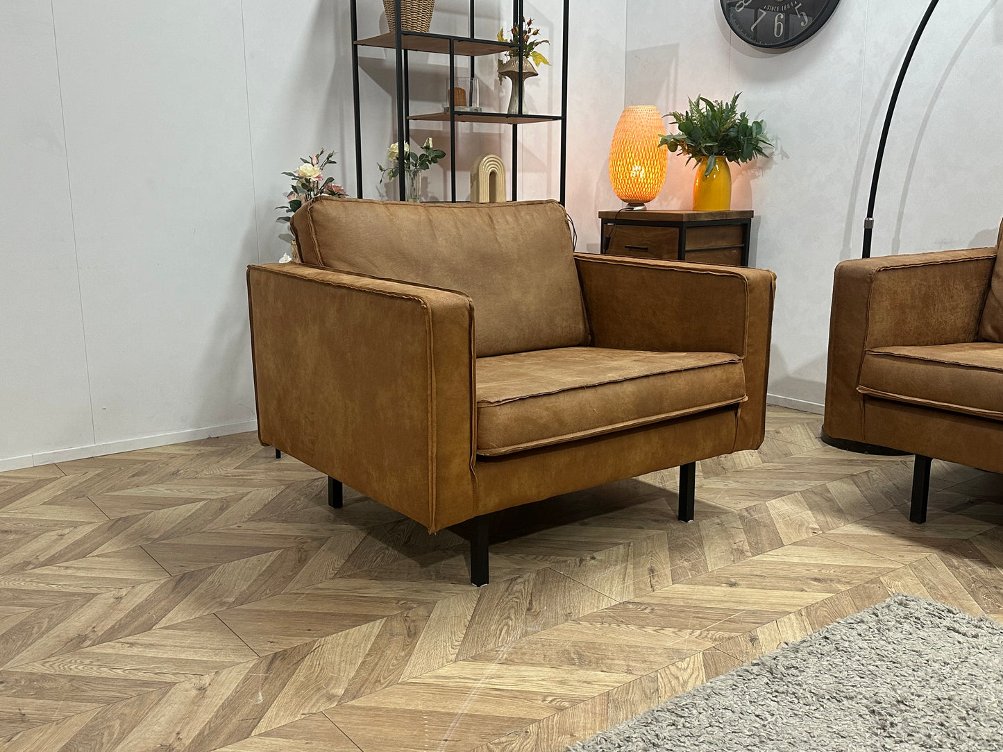 Be Pure Cognac Bruine Suède Stoffen 3-Zits Bank Inc Fauteuil ~ Losse Kussens Met Afneembare Hoezen
