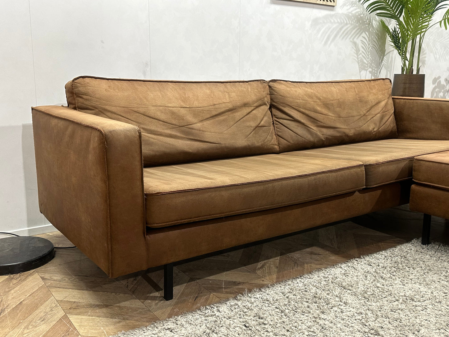 Woood Cognac Bruine Suède Stoffen Hoekbank Inc Fauteuil ~ Losse Kussens Met Afneembare Hoezen