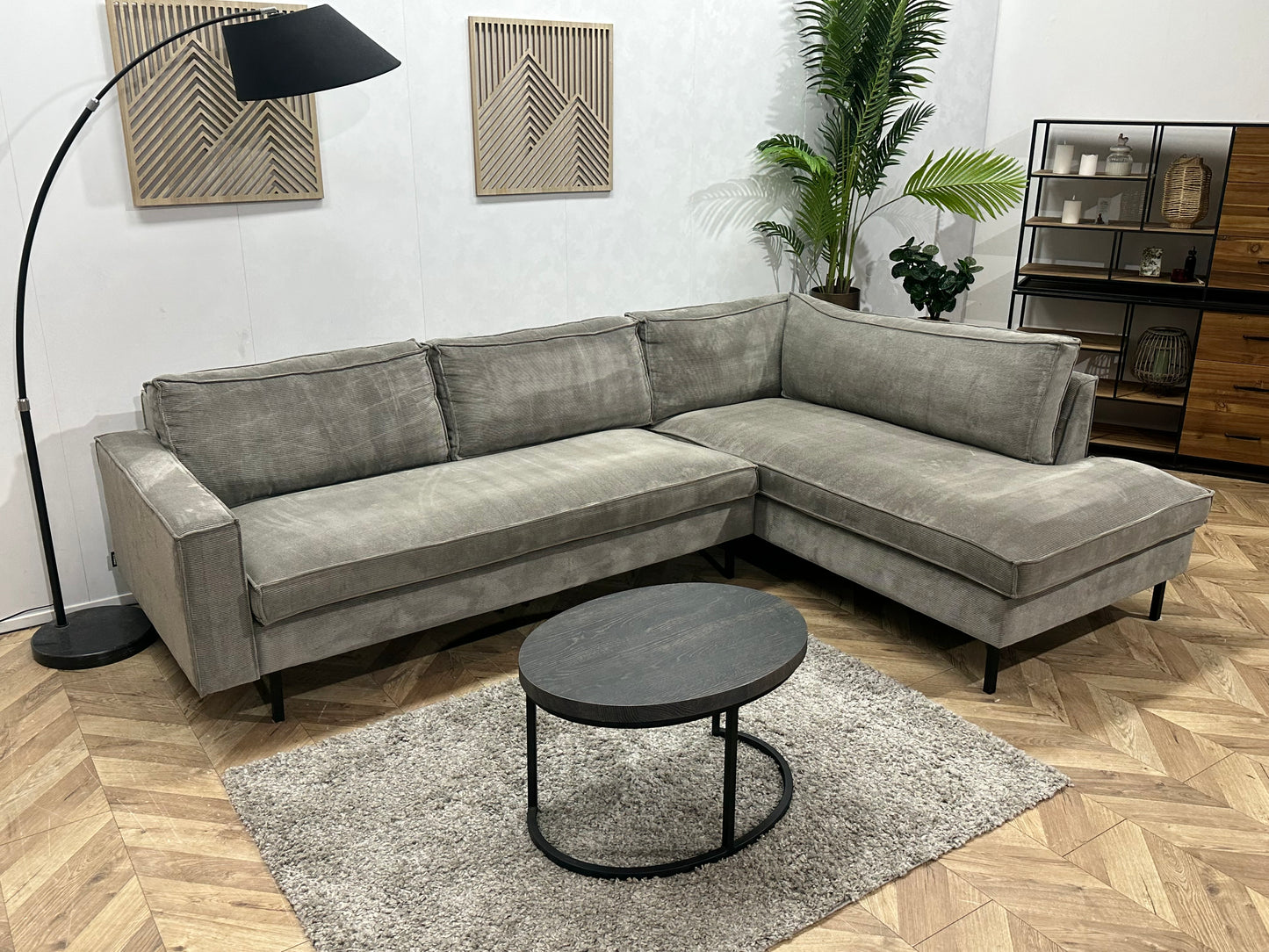 Woood Licht Grijze Ribstof Hoekbank ~ Losse Kussens Met Afneembare Hoezen