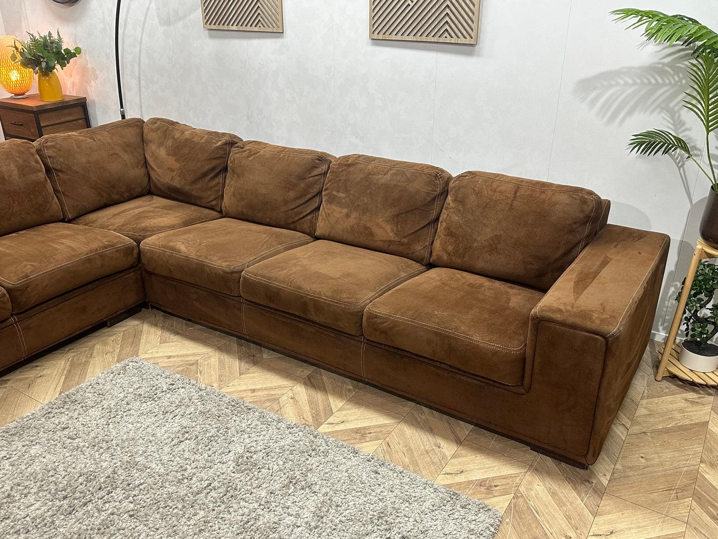 Cognac Bruine Velvet Hoekbank ~ Vaste Kussens