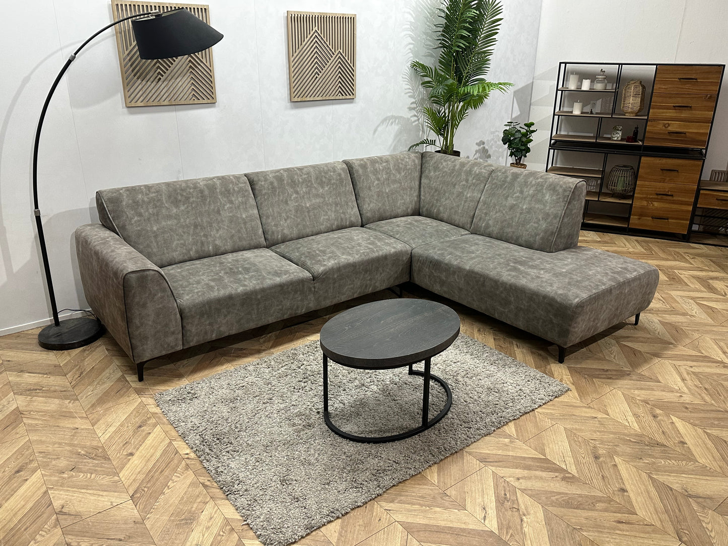 Grijze Velvet Hoekbank ~ Vaste Kussens