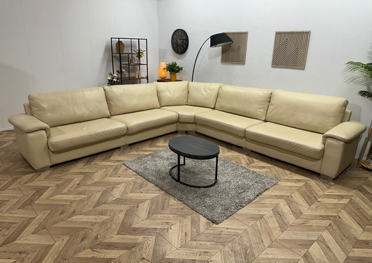 Crème Echt Lederen Hoekbank ~ Vaste Kussens