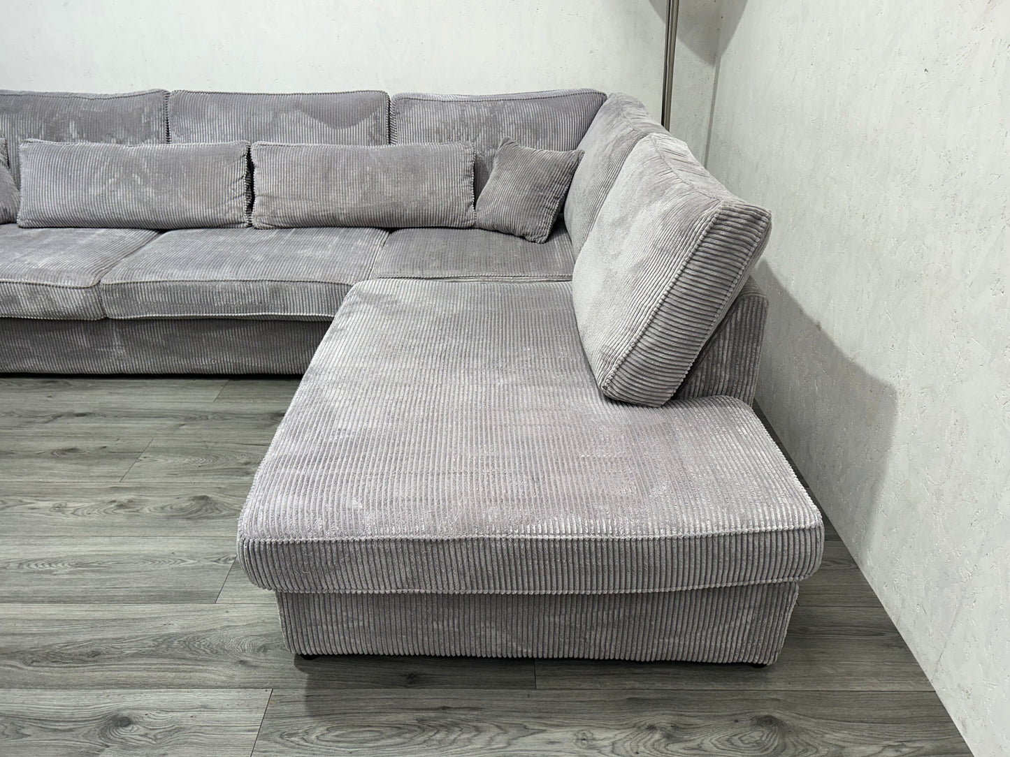 Licht Grijze Ribstof Hoekbank Inc. Fauteuil ~ Losse Kussens Met Afneembare Hoezen
