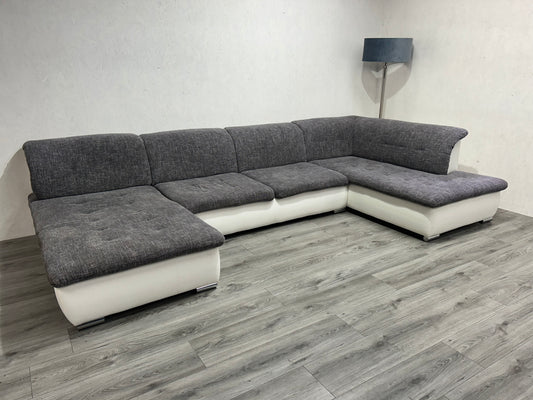 Grijs/Witte Stoffen/Lederen U bank ~ Vaste Kussens