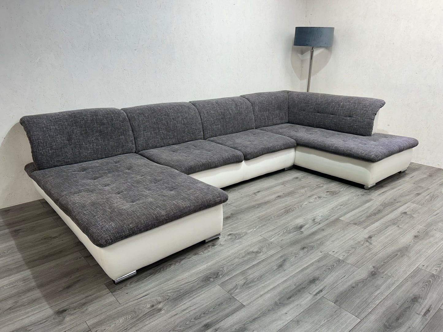 Grijs/Witte Stoffen/Lederen U bank ~ Vaste Kussens