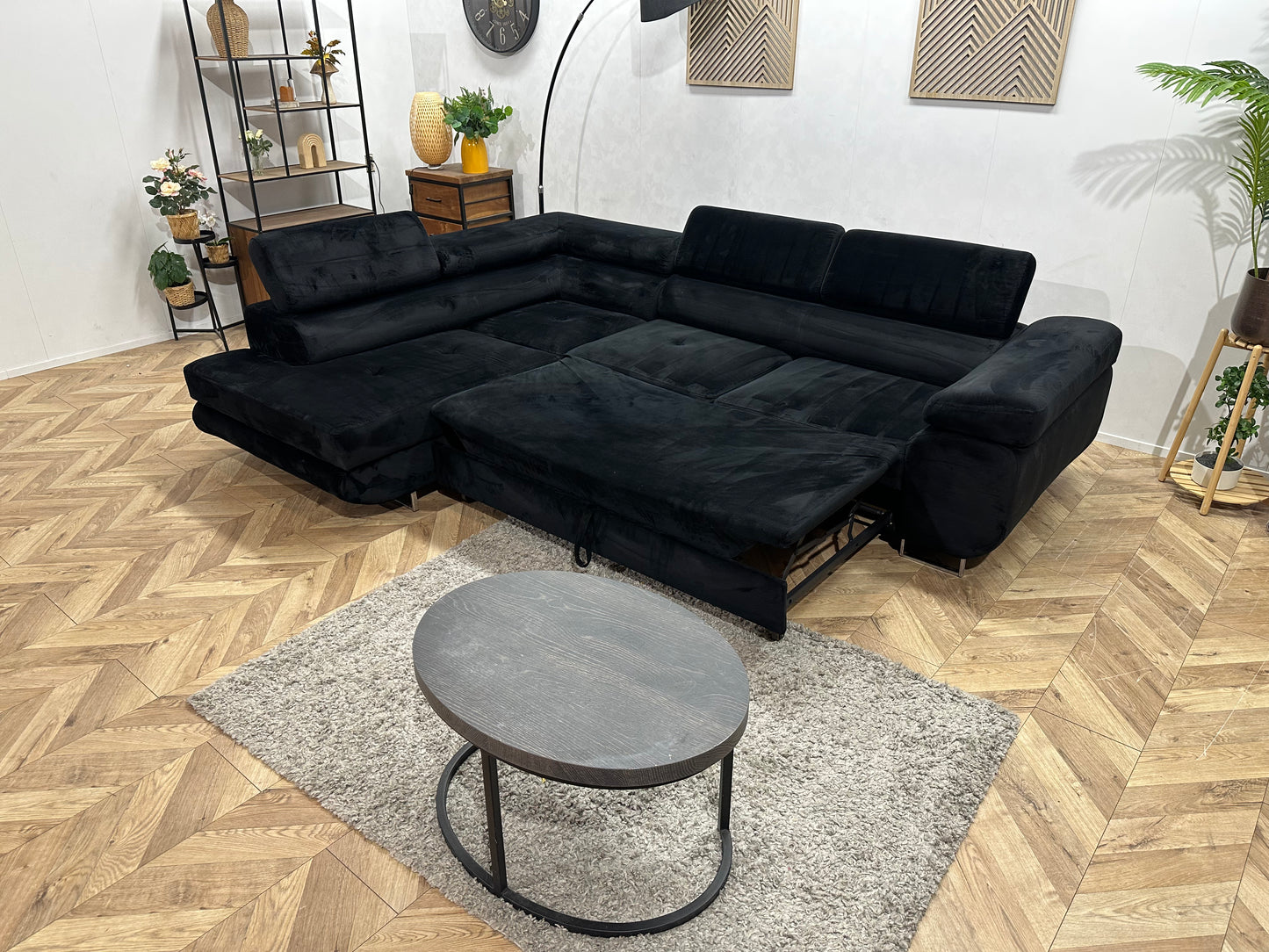 Zwarte Velvet Hoekbank ~ Slaapfunctie ~ Verstelbare Hoofdsteunen