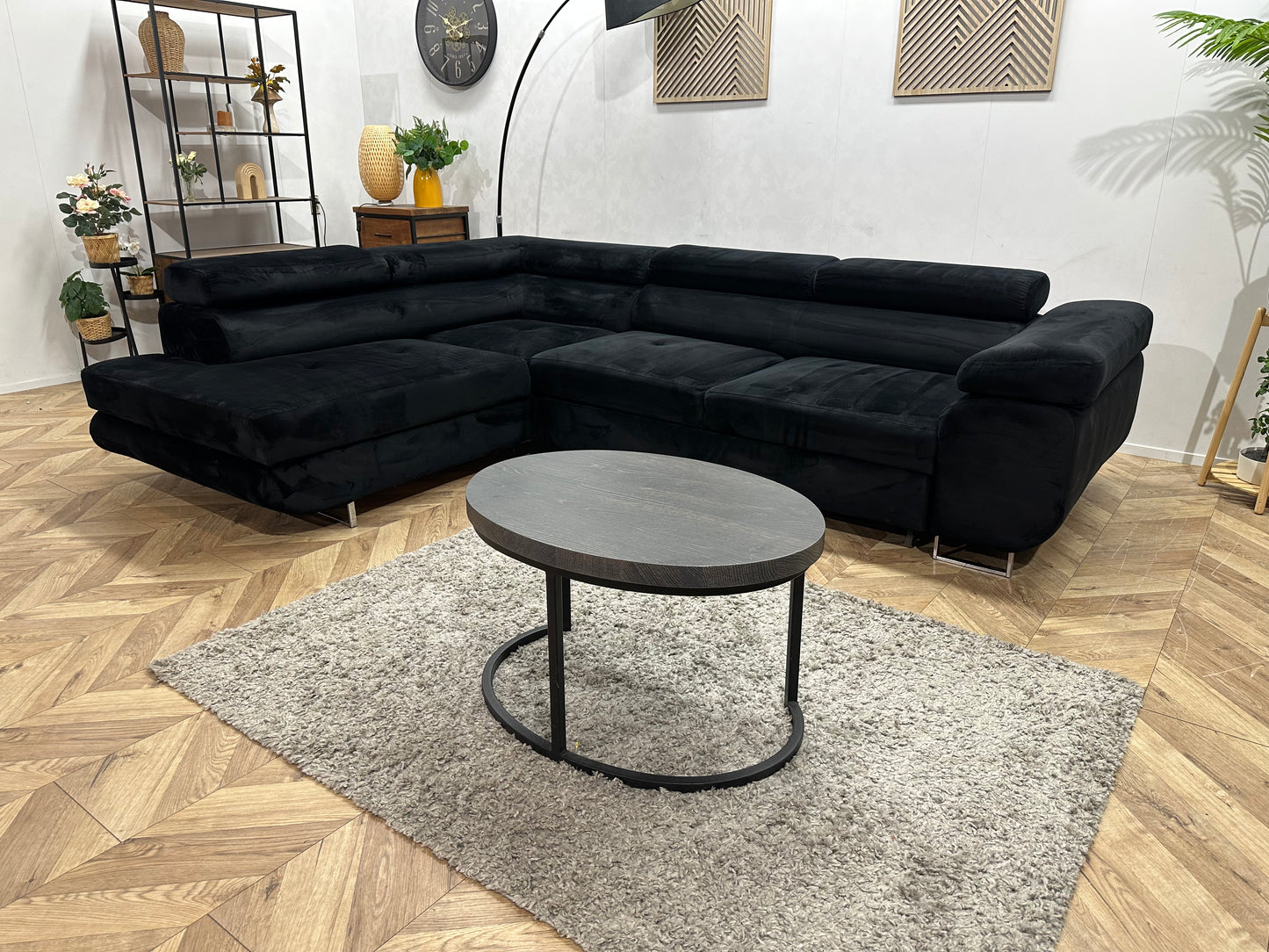 Zwarte Velvet Hoekbank ~ Slaapfunctie ~ Verstelbare Hoofdsteunen
