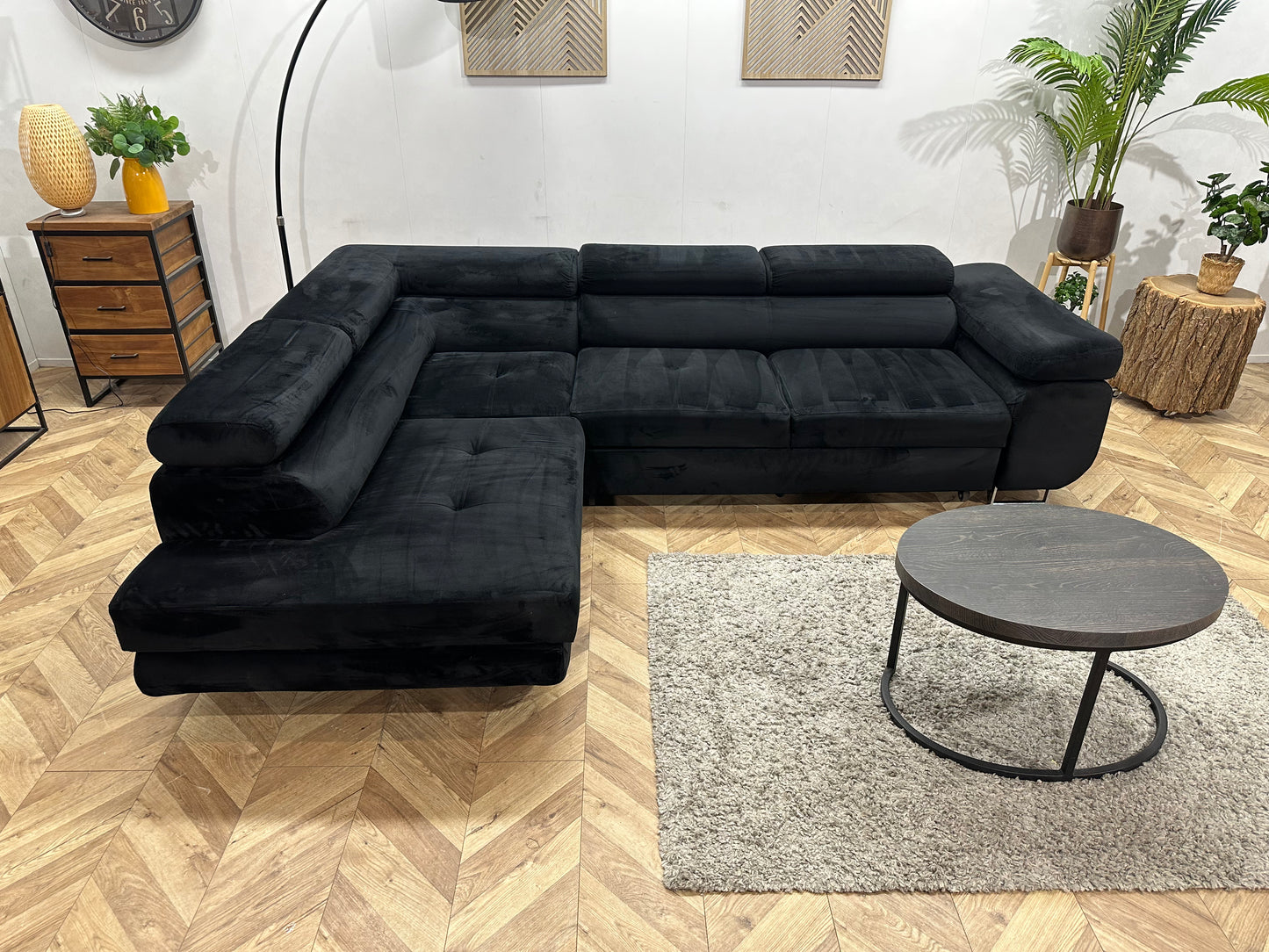 Zwarte Velvet Hoekbank ~ Slaapfunctie ~ Verstelbare Hoofdsteunen