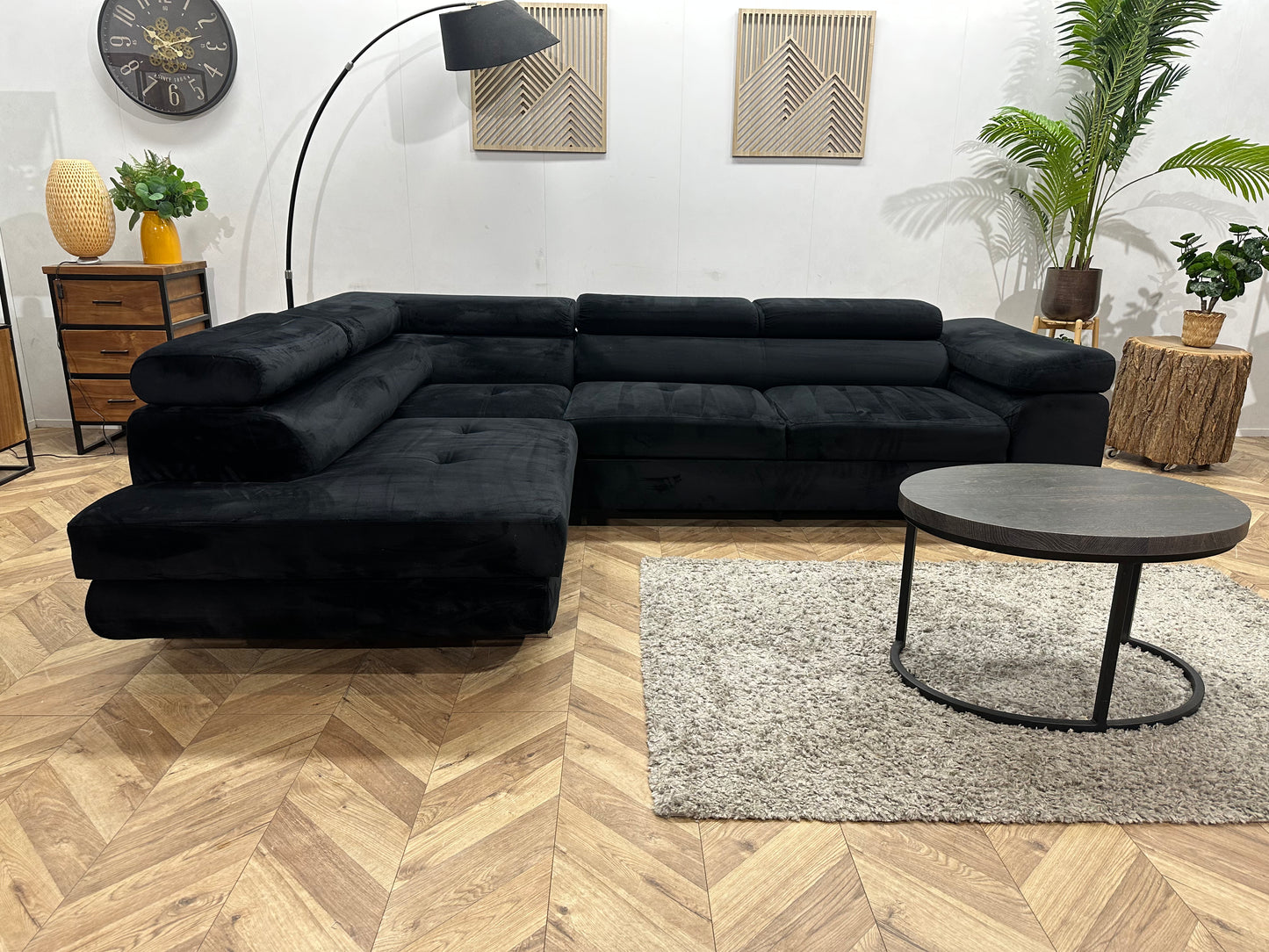 Zwarte Velvet Hoekbank ~ Slaapfunctie ~ Verstelbare Hoofdsteunen