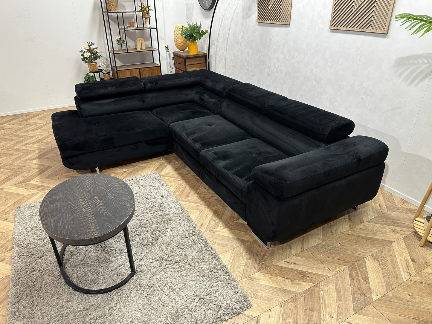 Zwarte Velvet Hoekbank ~ Slaapfunctie ~ Verstelbare Hoofdsteunen