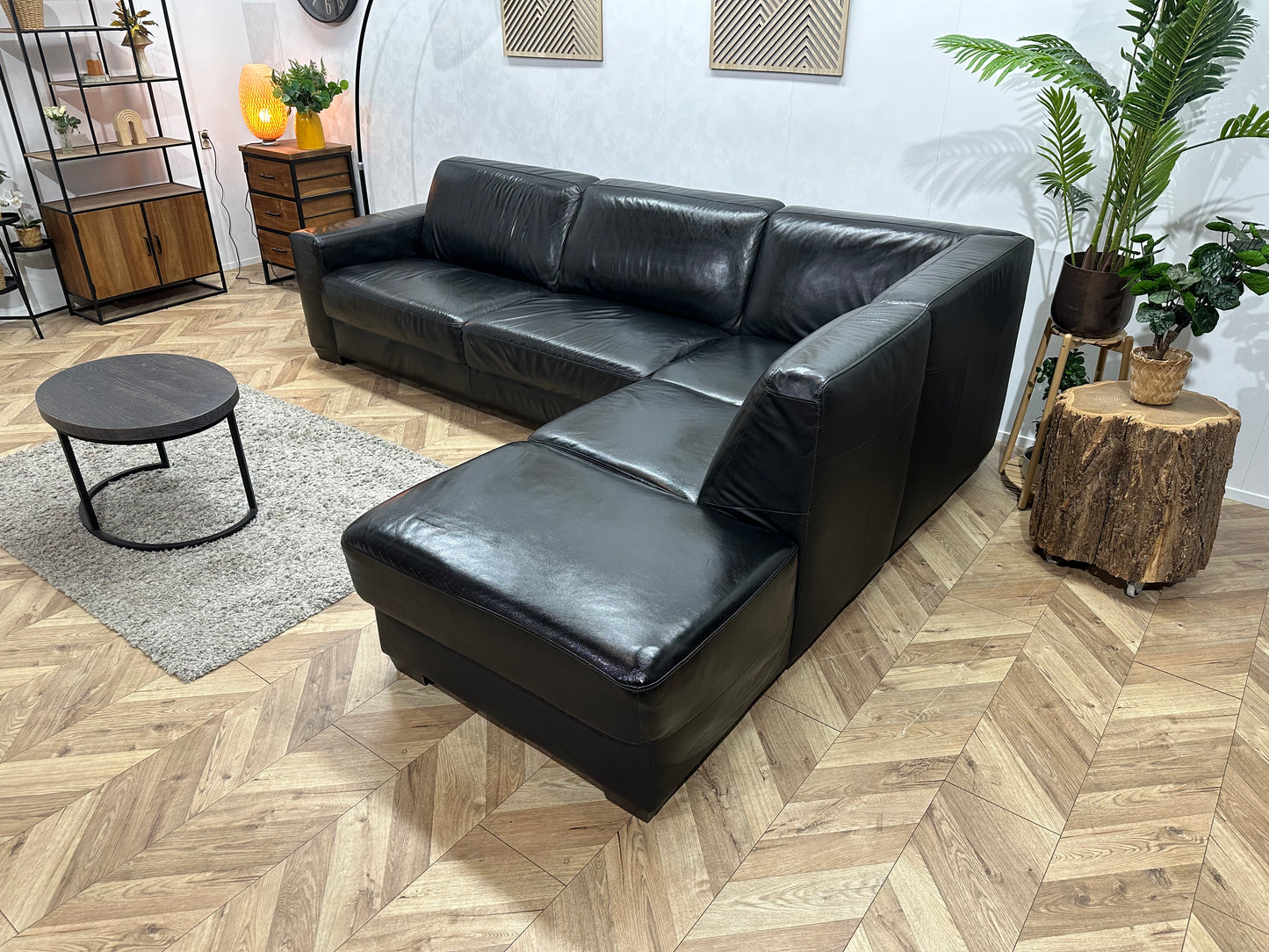 Zwarte Echt Lederen Hoekbank ~ Geïmpregneerd ~ Nieuwstaat