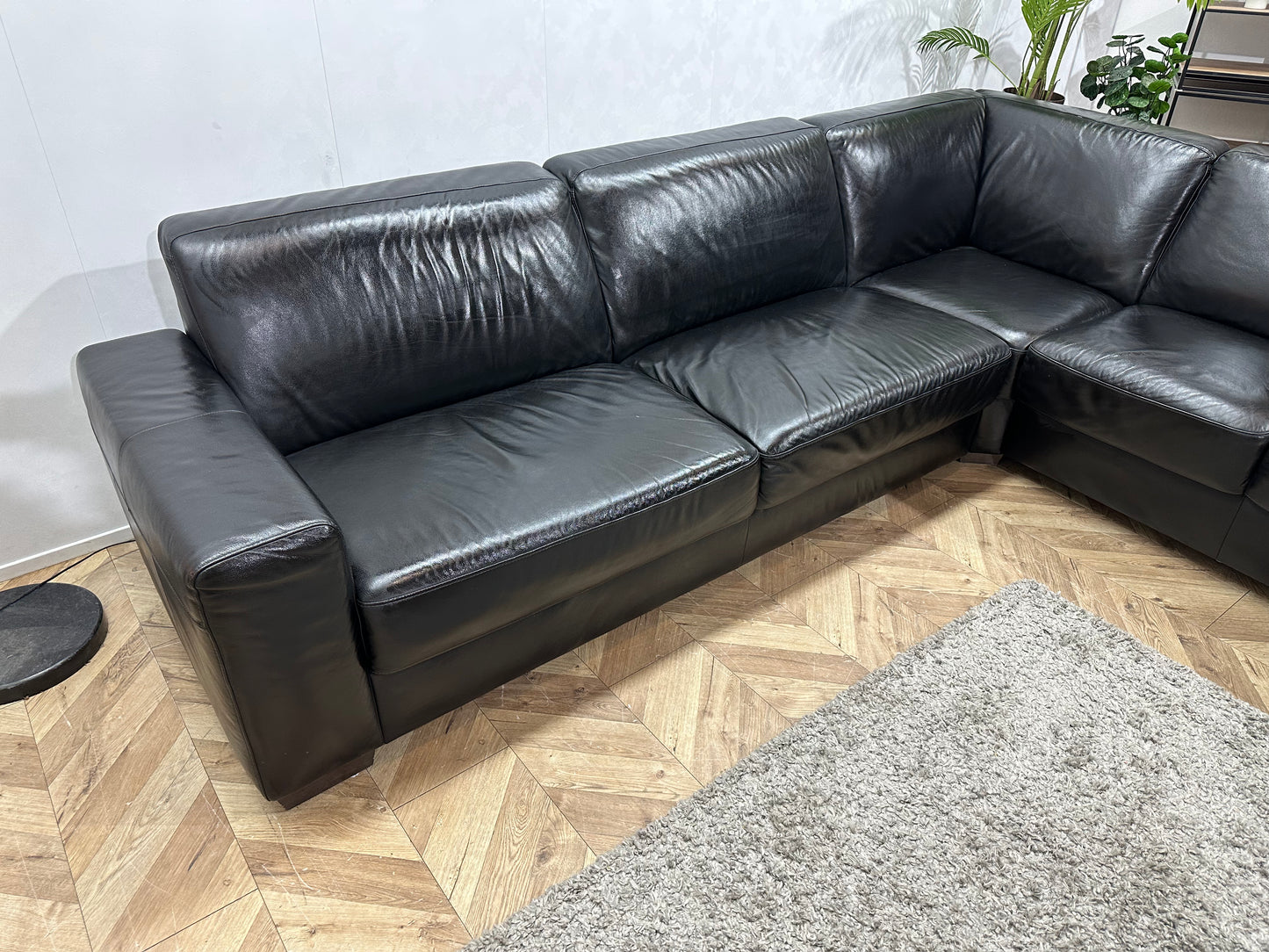 Zwarte Echt Lederen Hoekbank ~ Geïmpregneerd ~ Nieuwstaat