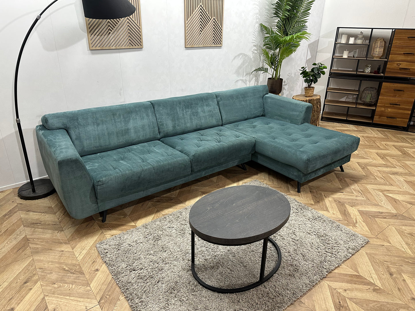 H&H Turquoise Suède Stoffen Hoekbank ~ Vaste Kussens