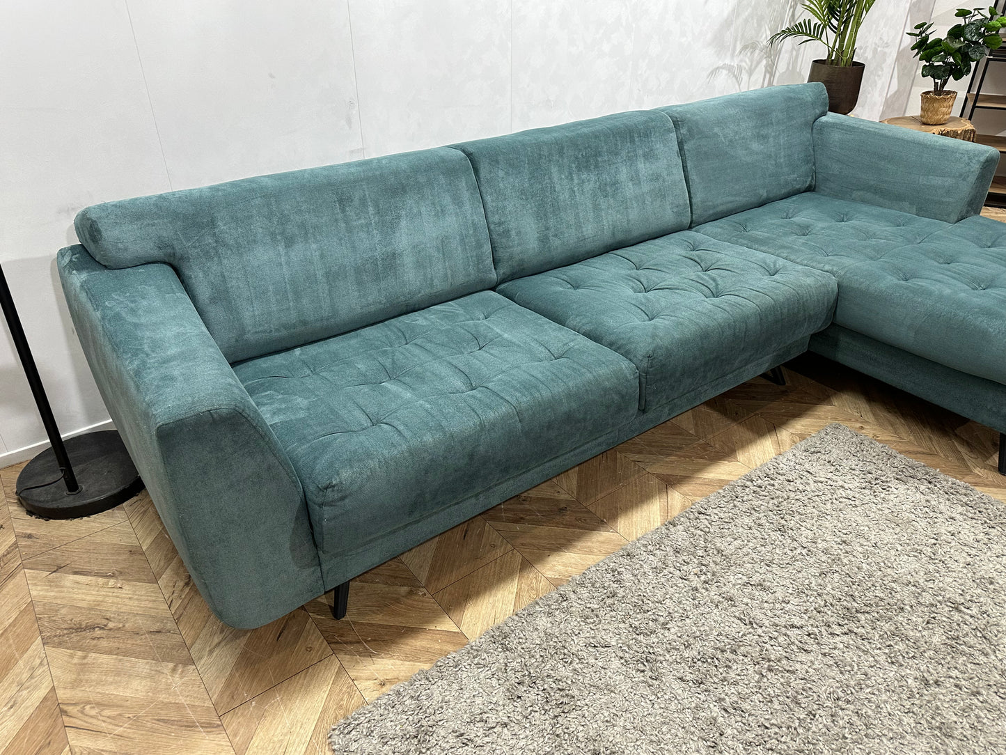 H&H Turquoise Suède Stoffen Hoekbank ~ Vaste Kussens