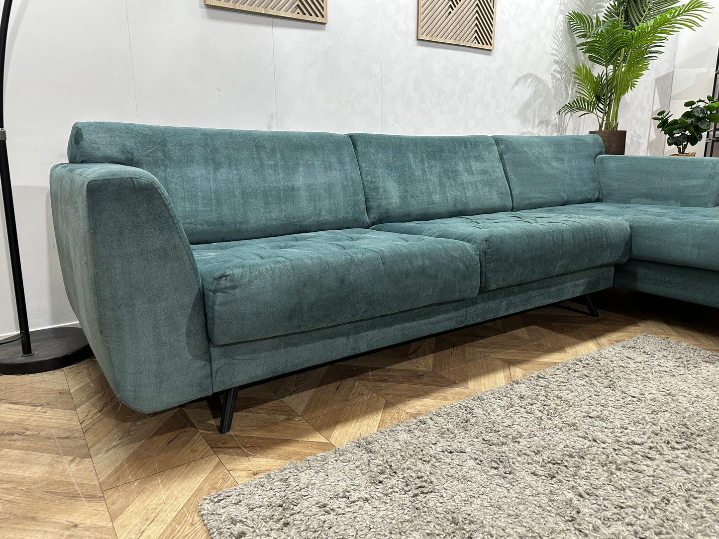 H&H Turquoise Suède Stoffen Hoekbank ~ Vaste Kussens