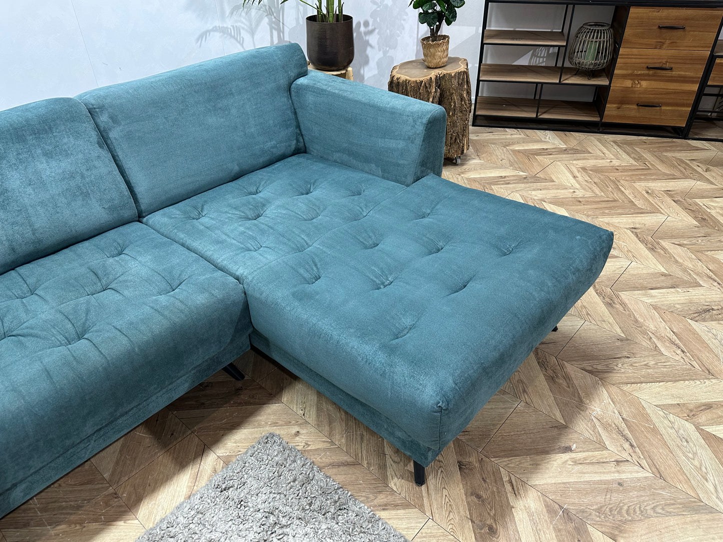 H&H Turquoise Suède Stoffen Hoekbank ~ Vaste Kussens