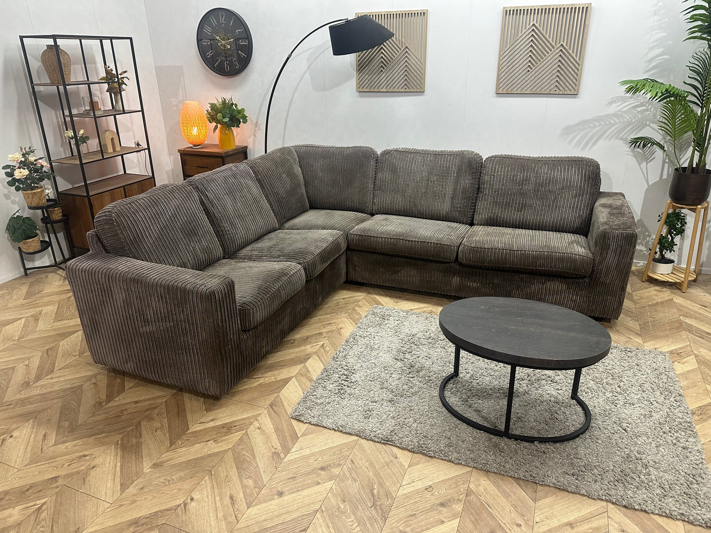 Grijze Ribstof Hoekbank ~ Losse Kussens Met Afneembare Hoezen