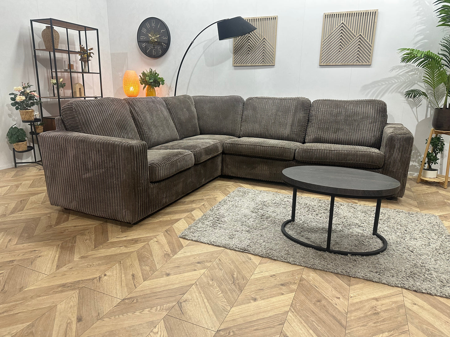 Grijze Ribstof Hoekbank ~ Losse Kussens Met Afneembare Hoezen