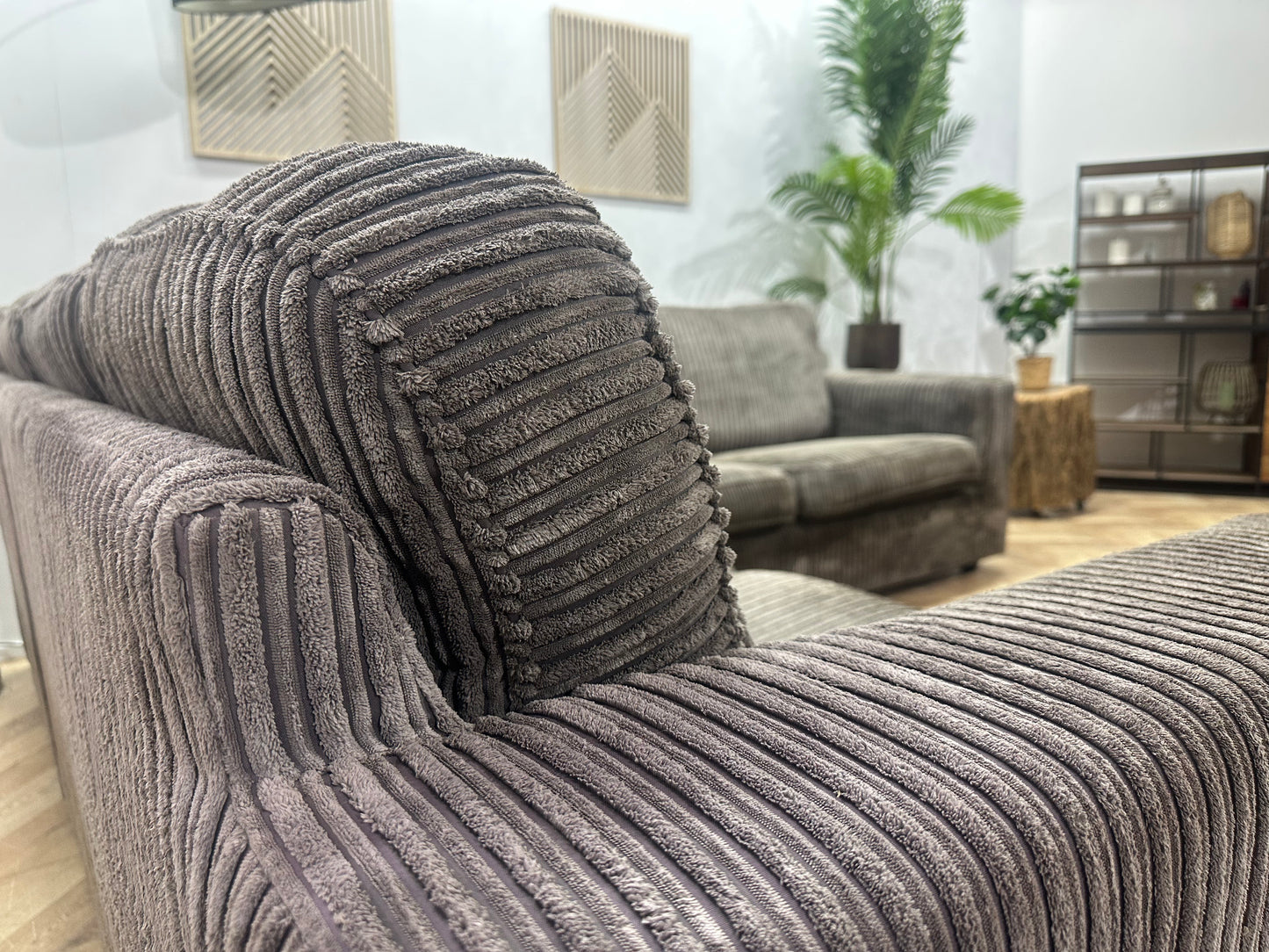 Grijze Ribstof Hoekbank ~ Losse Kussens Met Afneembare Hoezen