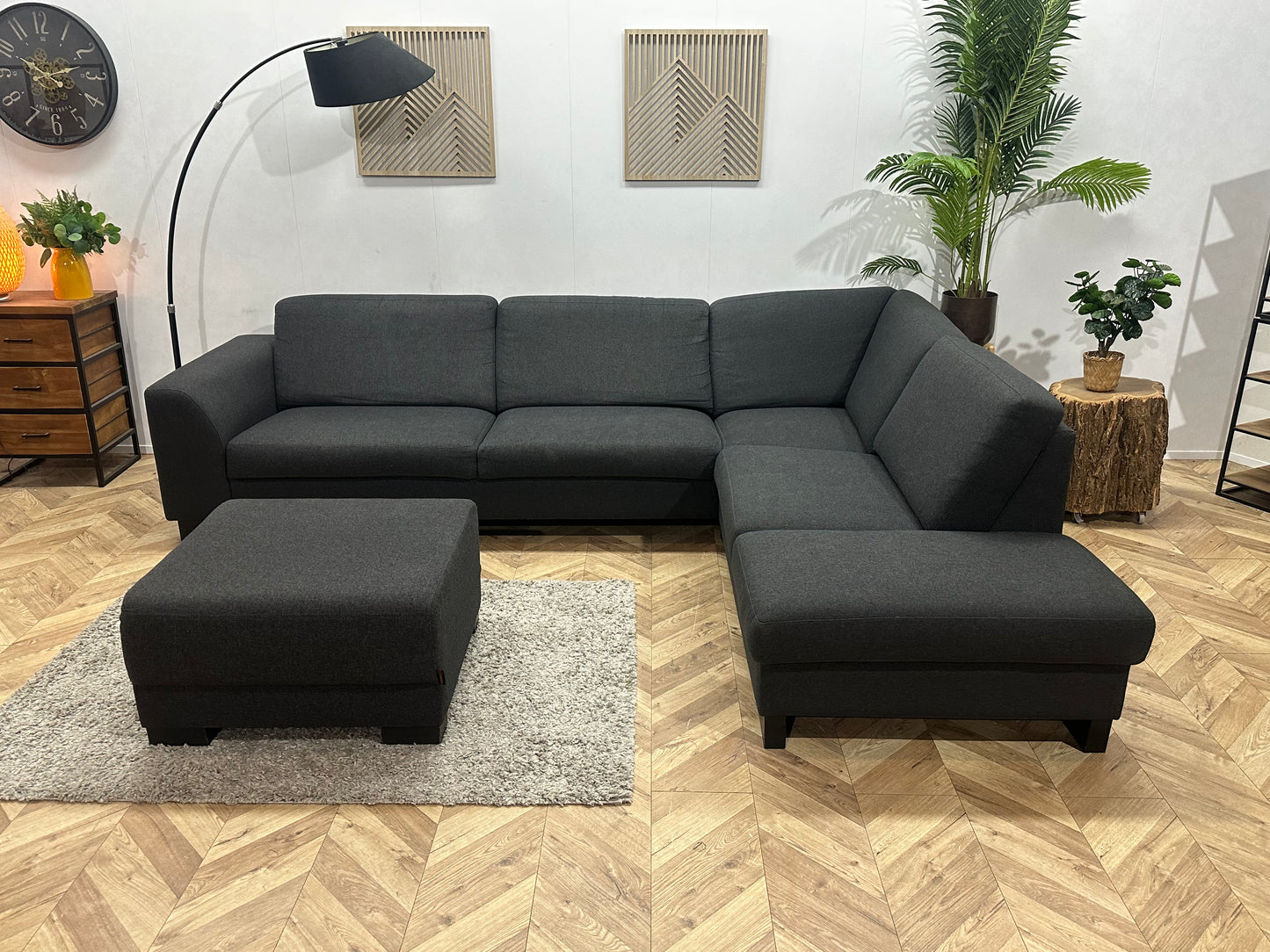 EasySofa Antraciet Hoekbank Inc. Hocker ~ Vaste Kussens
