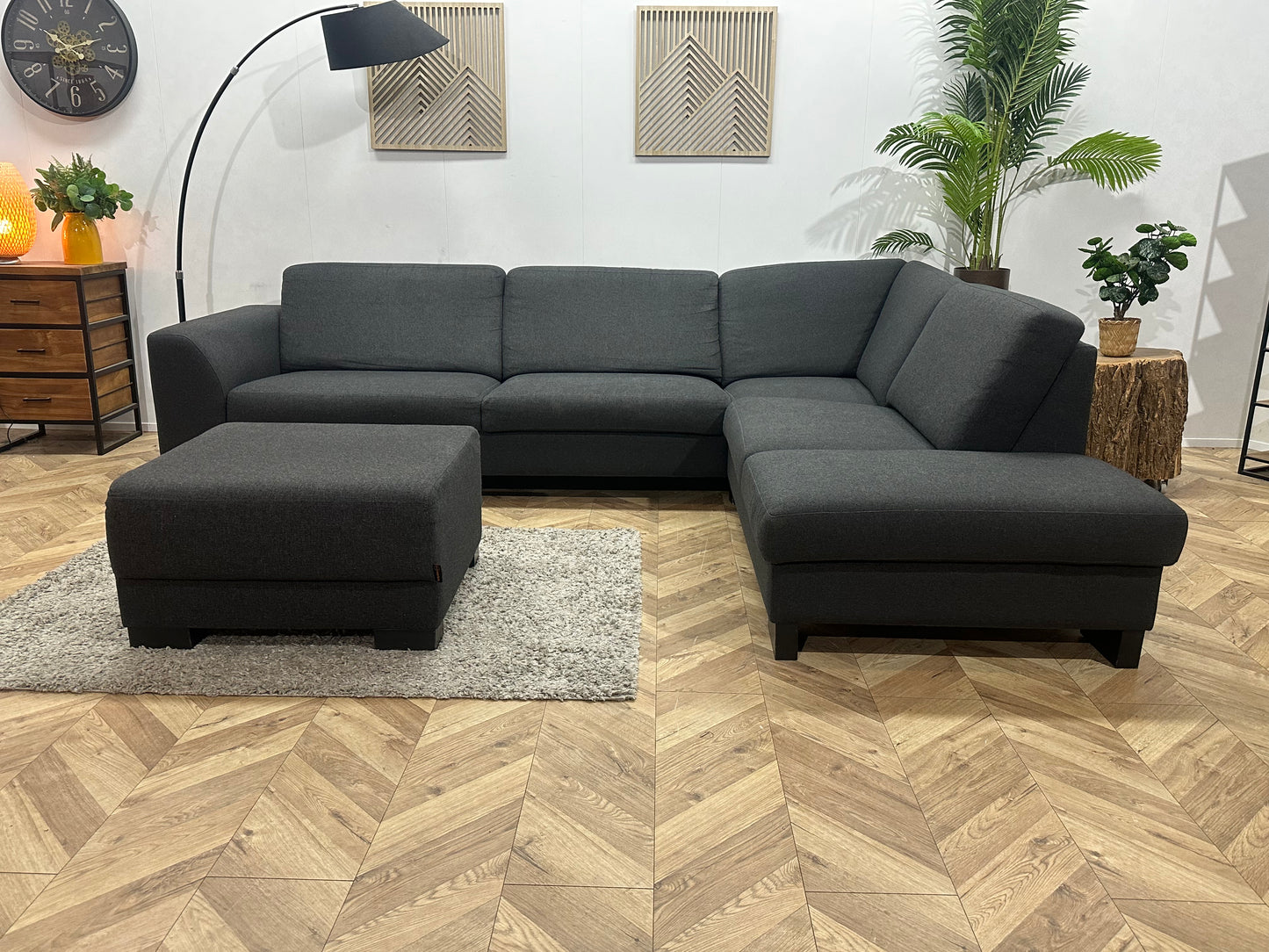 EasySofa Antraciet Hoekbank Inc. Hocker ~ Vaste Kussens