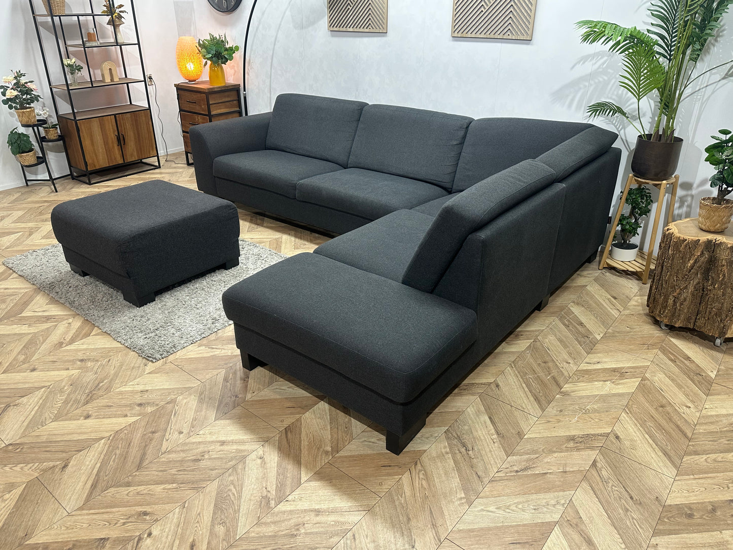 EasySofa Antraciet Hoekbank Inc. Hocker ~ Vaste Kussens