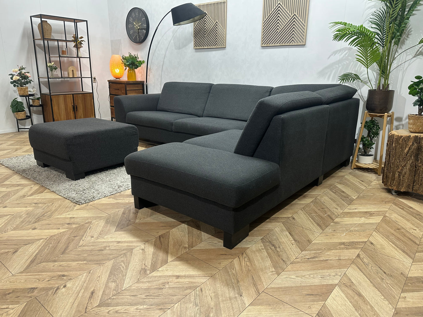 EasySofa Antraciet Hoekbank Inc. Hocker ~ Vaste Kussens