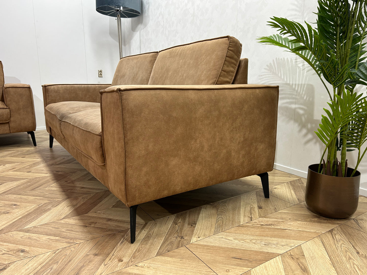 Cognac Bruine Suéde Stoffen Banken Set ~ Losse Rugkussens Met Afneembare Hoezen