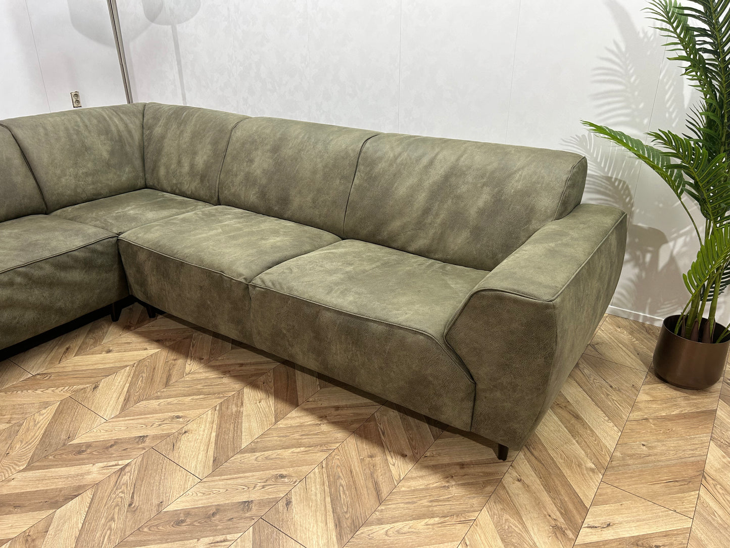 Camo Groene lederen Hoekbank ~ Vaste Kussens