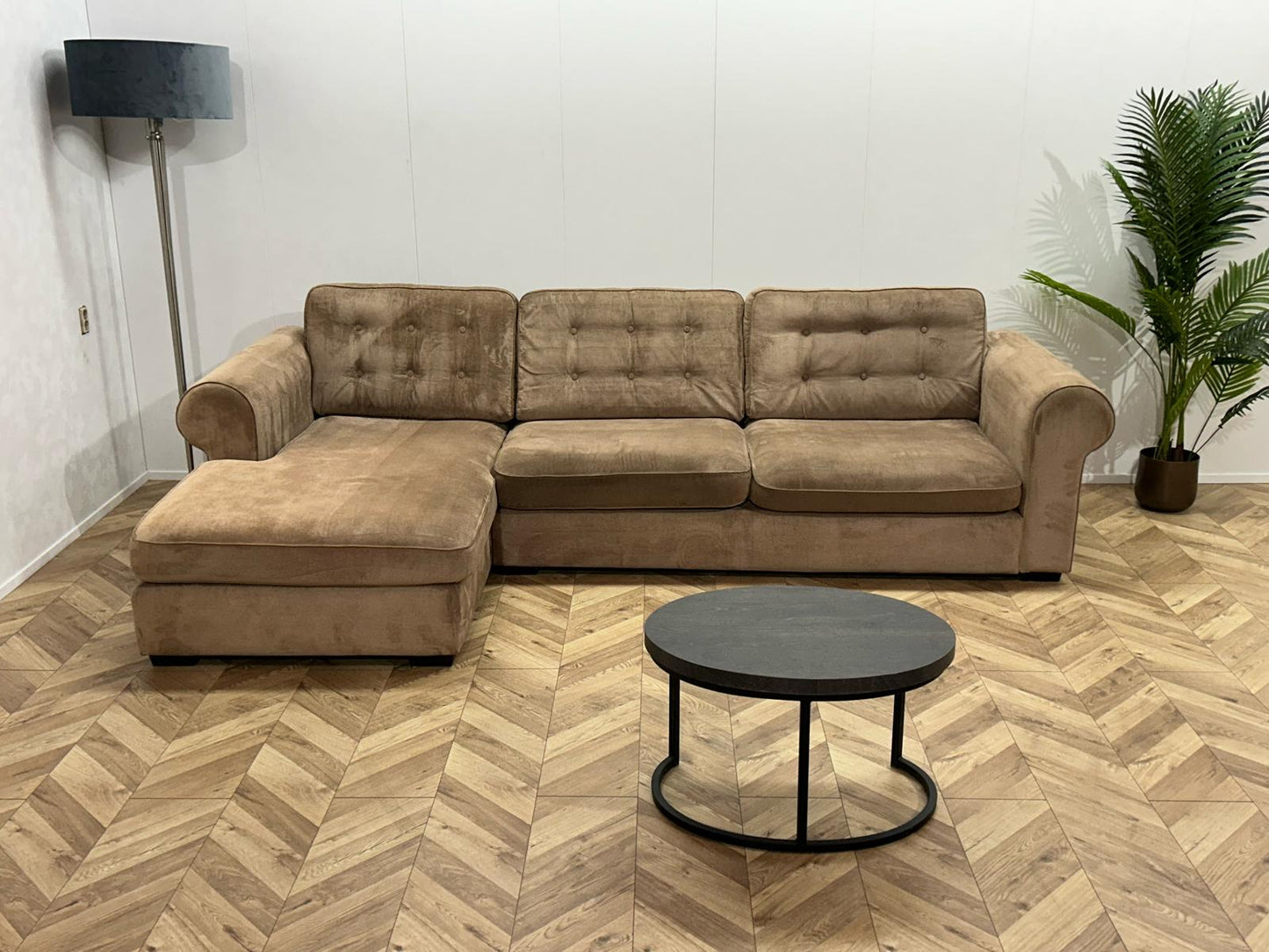 Beige Velvet Hoekbank ~ Losse Kussens Met Afneembare Hoezen