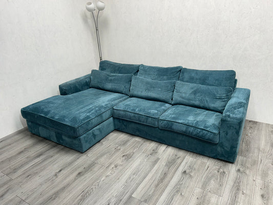 Licht Blauwe Ribstof Hoekbank ~ Nieuwstaat - Banken Bazaar