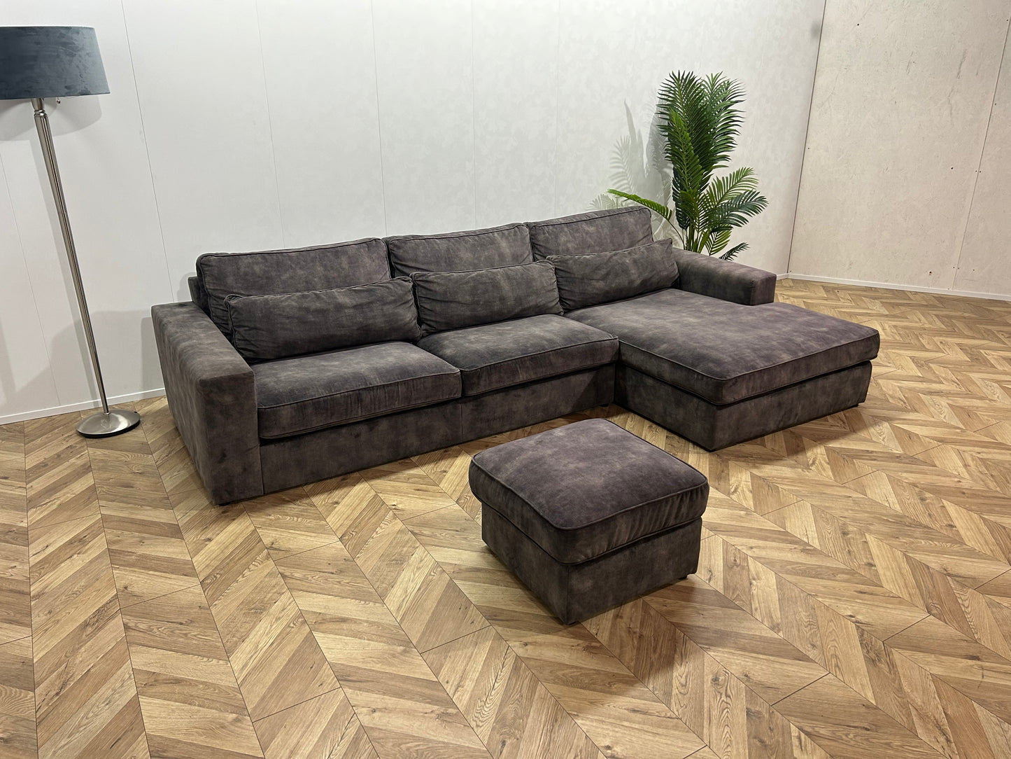 Antraciet Velvet Hoekbank Inc. Hocker ~ Losse Kussens Met Afneembare Hoezen