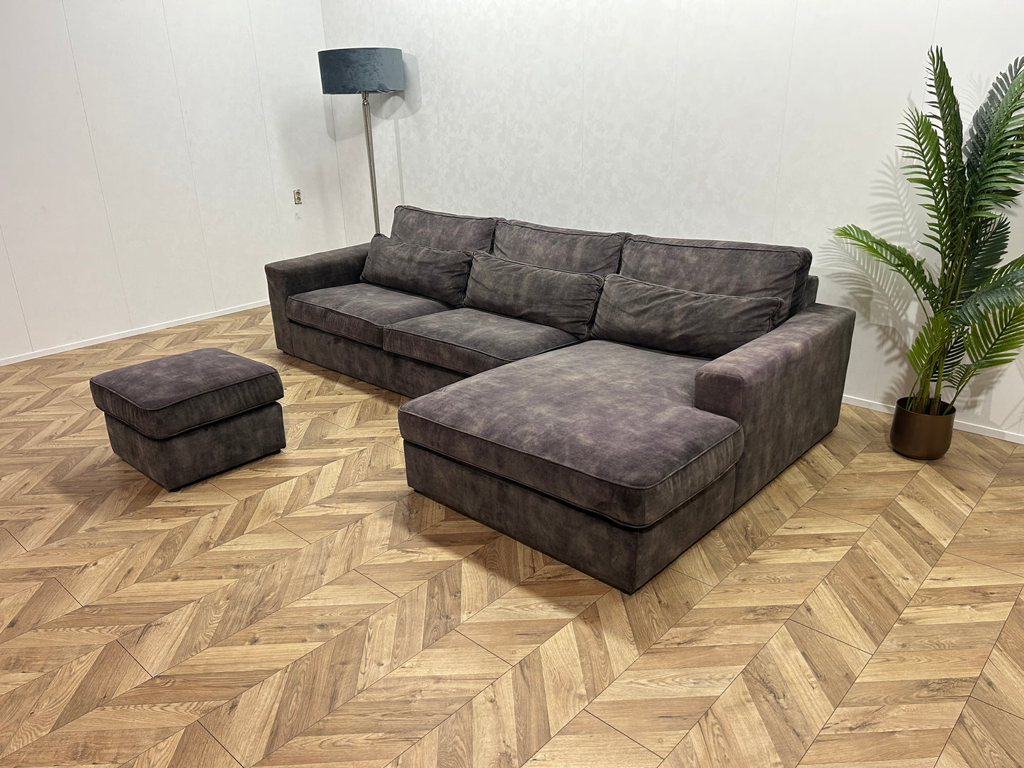 Antraciet Velvet Hoekbank Inc. Hocker ~ Losse Kussens Met Afneembare Hoezen