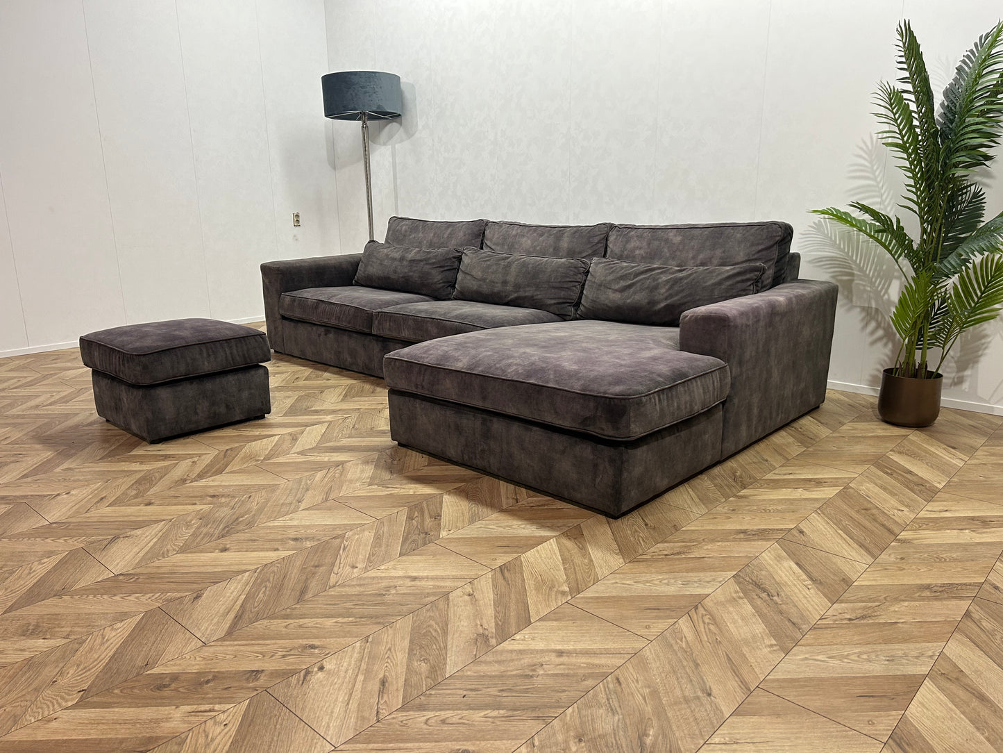 Antraciet Velvet Hoekbank Inc. Hocker ~ Losse Kussens Met Afneembare Hoezen