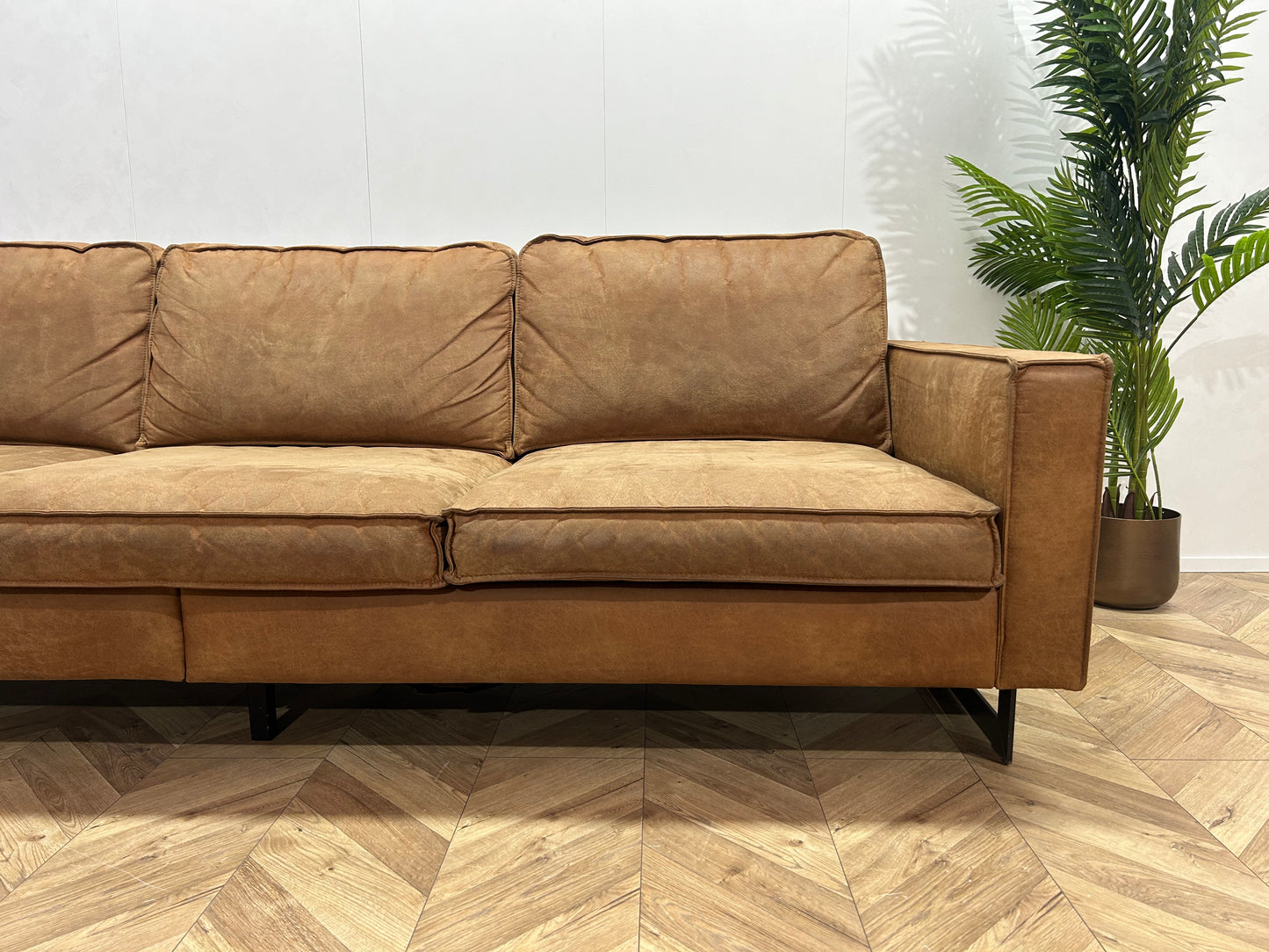 Cognac Bruine Suède Leren 3-Zits Bank ~ Losse Kussens Met Afneembare Hoezen