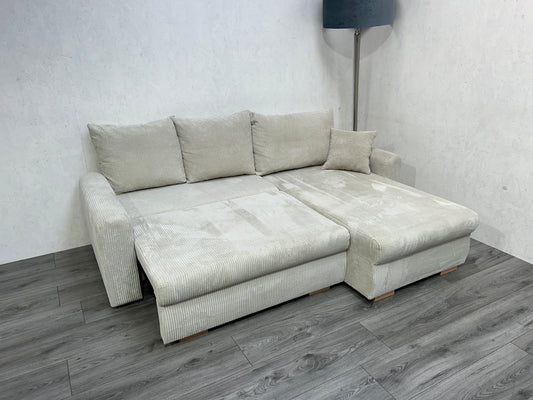 Beige Ribstof Hoekbank Met Slaapfunctie ~ Nieuwstaat - Banken Bazaar