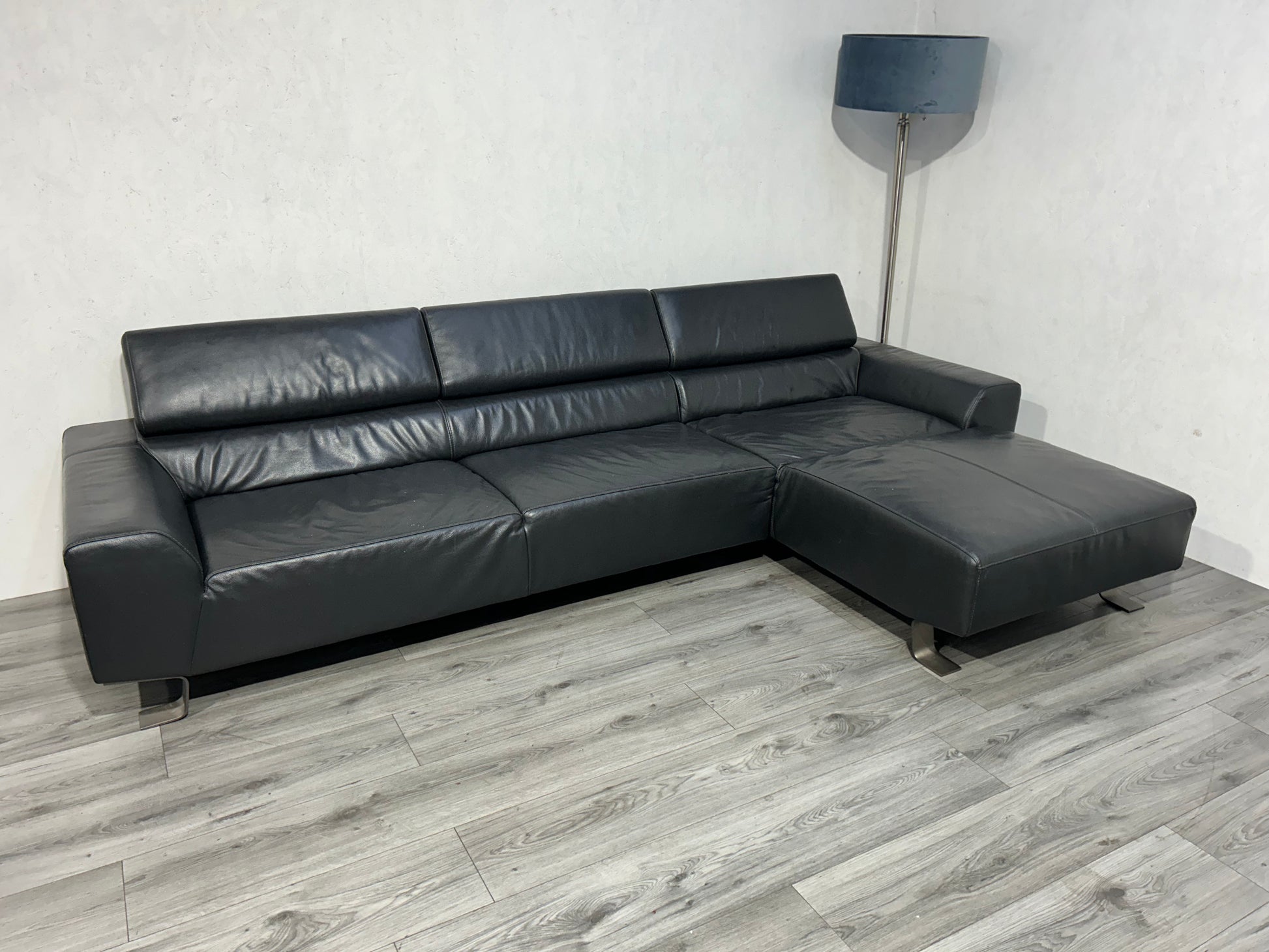 Zwarte Echt Lederen Hoekbank ~ Verstelbare Hoofdsteunen - Banken Bazaar