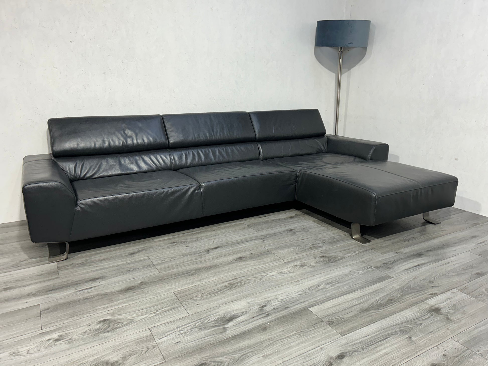 Zwarte Echt Lederen Hoekbank ~ Verstelbare Hoofdsteunen - Banken Bazaar