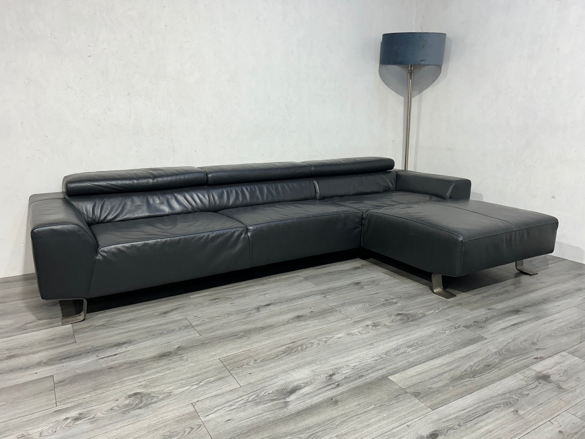 Zwarte Echt Lederen Hoekbank ~ Verstelbare Hoofdsteunen - Banken Bazaar