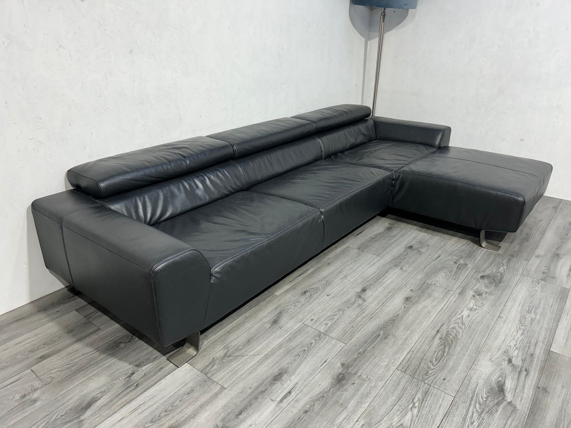 Zwarte Echt Lederen Hoekbank ~ Verstelbare Hoofdsteunen - Banken Bazaar