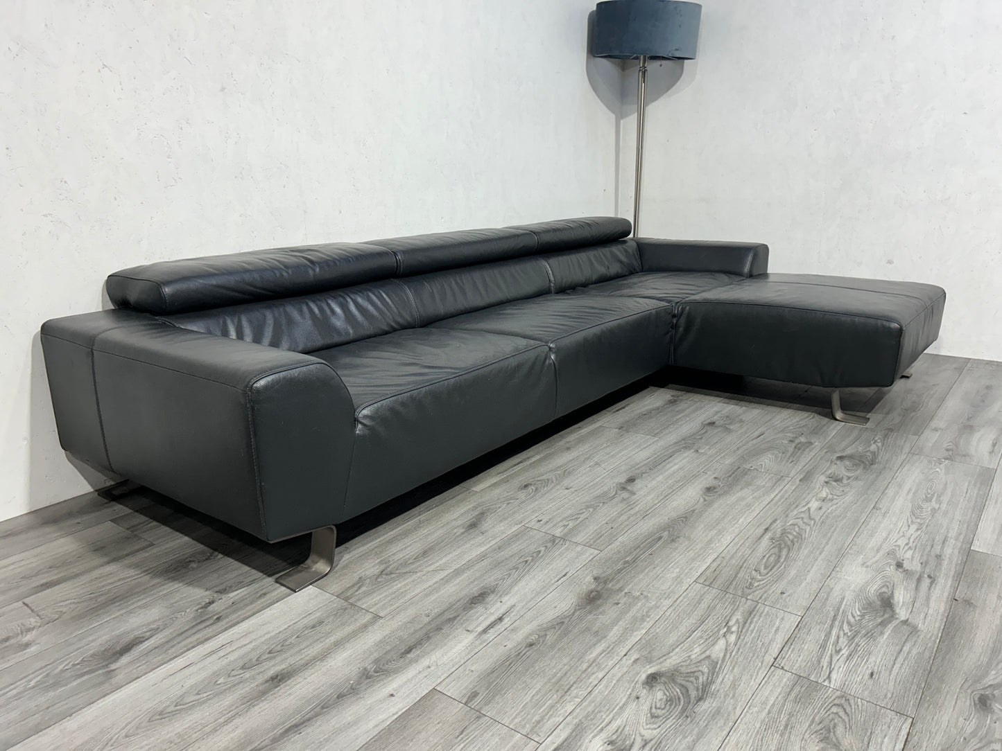 Zwarte Echt Lederen Hoekbank ~ Verstelbare Hoofdsteunen - Banken Bazaar