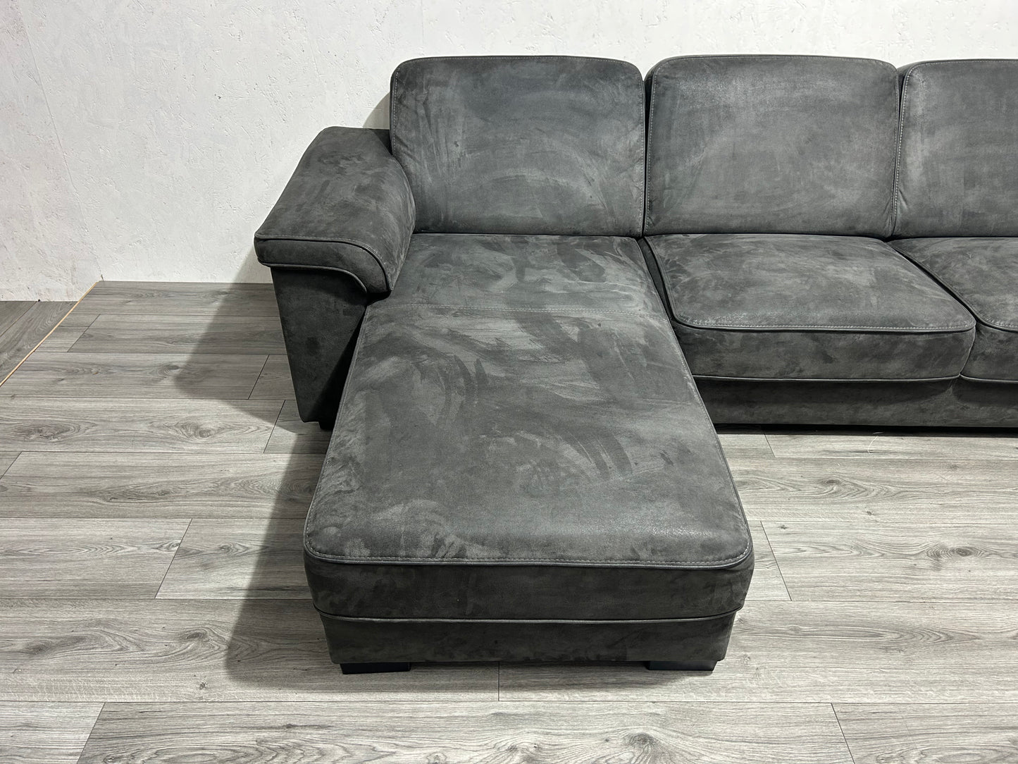 !Showroom Model! Antraciet Suède Lederen U Bank ~  Opbergruimte